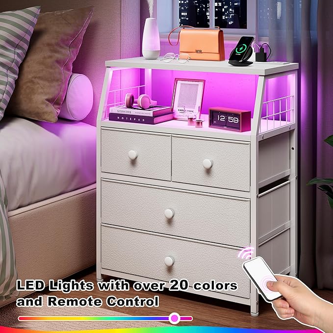 EnHomee Nightstand Set of 2, Night Stand with Charging Station & LED Lights, Bedside Table with 4 Fabric Drawers for Bedroom, Side Table with Outlets and 2 Ports, White