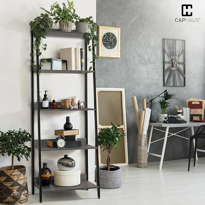 CAPHAUS 5 Tier Ladder Bookshelf, 24 Inch Width Free Standing Shelf, Bookcase Shelf Storage Rack Organizer, Industrial Book Shelves for Home Office, Living Room, Kitchen, Dark Grey, Vintage Shelves-NeatNest