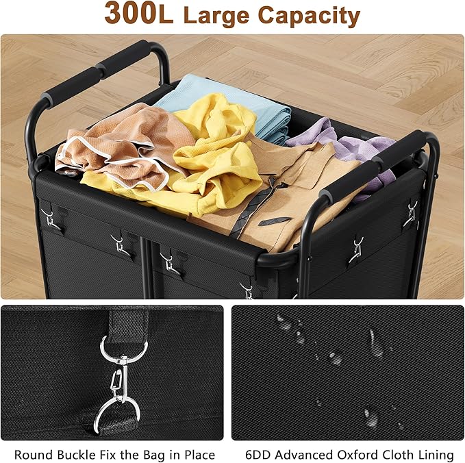 Hoctieon Large Laundry Cart with Wheels, 300L Heavy Duty Laundry Basket Organizer, Rolling Hamper Sorter for Clothes Storage, Industrial Dirty Clothes Hamper for Home & Hotel, Black-NeatNest