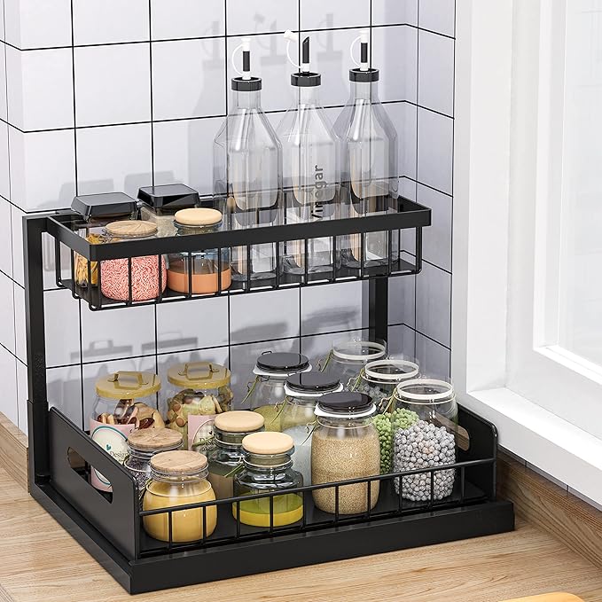 bukfen Under Sink Organizer, Pull Out Cabinet Organizer 2-Tier Slide Out Sliding Shelf Under Cabinet Storage Multi-Use for Under Kitchen Bathroom Sink Organizers and Storage ，2 Pack-NeatNest