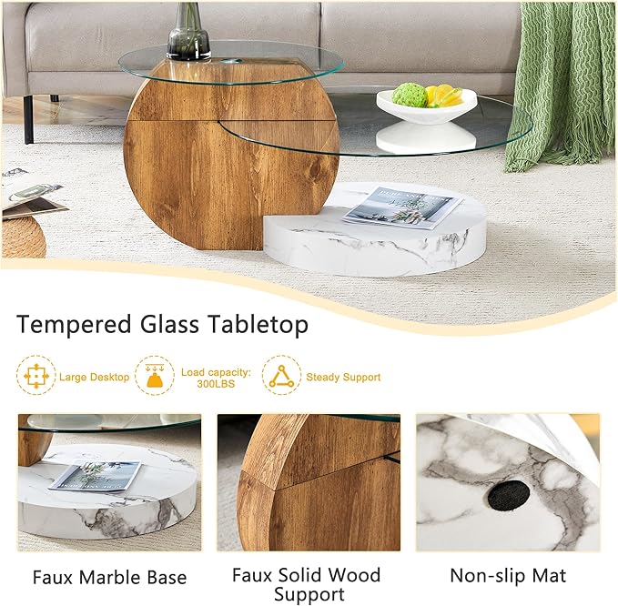 Glass Coffee Tables Round Coffee Tables for Living Room Modern 3 Tier Round Table Circle Coffee Table for Small Space Home Office (35.4 Inch White + Wood)