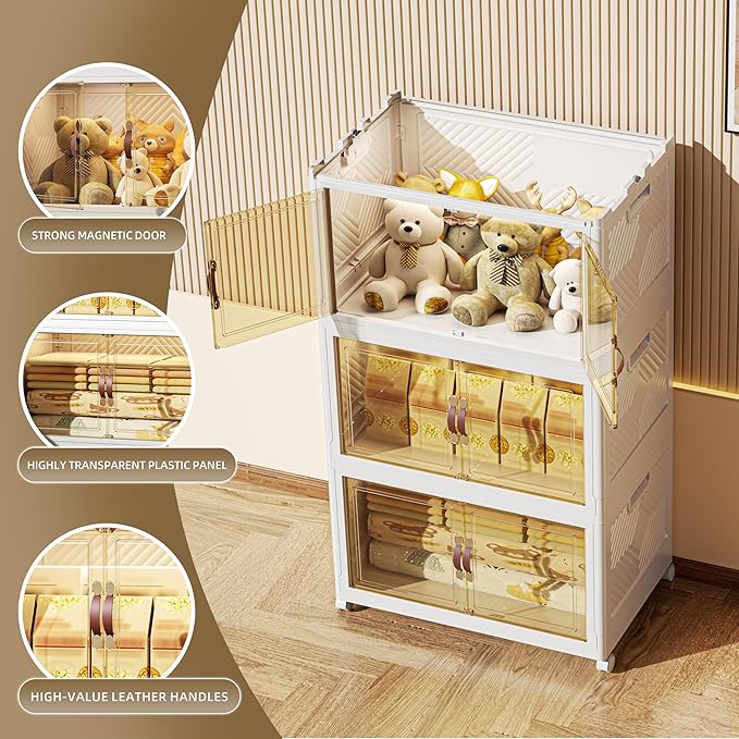 312 QT / 78 Gal Stackable Collapsible Storage Bins with Magnetic Doors & Wheels - Space-Saving Plastic Organizer Cabinet for Closet, Office, Home (White)-NeatNest