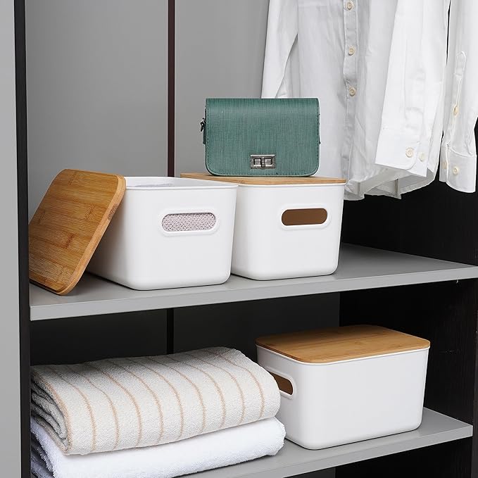 Citylife 4 PCS Storage Bins with Bamboo Lids Plastic Storage Containers for Organizing Stackable Storage Box with Handle, 10.23 x 7.08 x 6.3 inch-NeatNest
