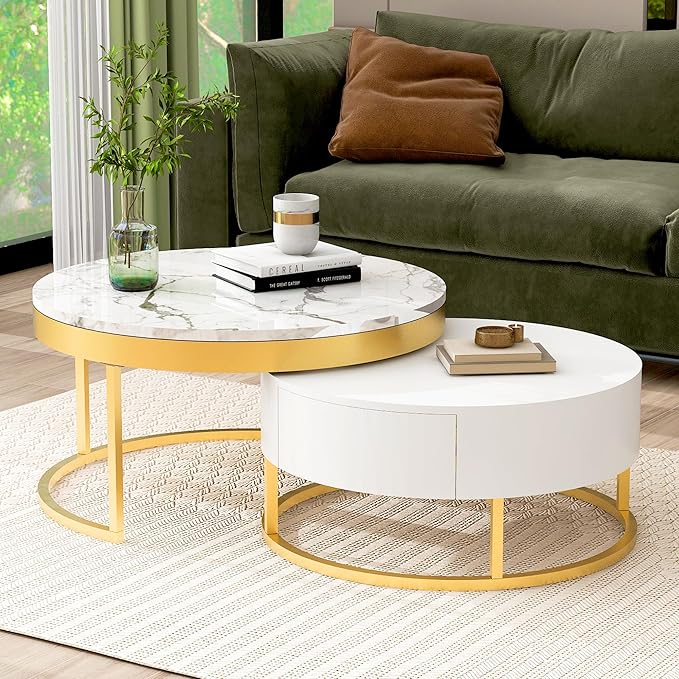 Modern Round Nesting Coffee Table with Drawers in White, Circle Coffee Tables for Living Room
