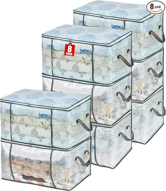 80L Clear Large Storage Bag, Clothes Storage Containers for Organizing Closet, Bedroom, Underbed, Comforters, Clothing, Blankets, Pillow, Foldable Organizer with Sturdy Handle and Zippers (8)-NeatNest