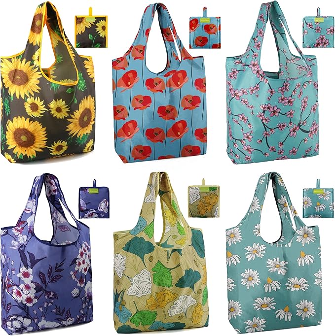 BeeGreen 6 Pack Bulk Foldable Packable Tote Bags for Women - Reusable Grocery Bags Shopping Bag with Pouch, Large Machine Washable Gifts with Handles for Travel,Beach,Holiday-NeatNest