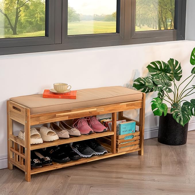 Wooden Shoe Rack with Bench Seat - Light Natural Acacia Wood Entryway Organizer with Cushioned Top & Easy-Move Handles - Multi-Level Shoe Shelf (39.4 x 11.6X 19.29)-NeatNest