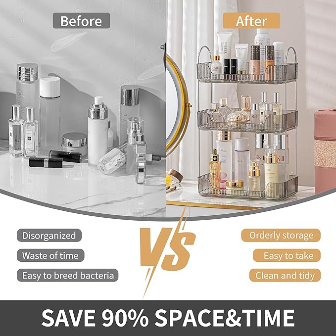 3 Tier Bathroom Organizer Countertop Makeup Perfume Tray Skincare Organizer for Bathroom Dresser Vanity (Grey)-NeatNest