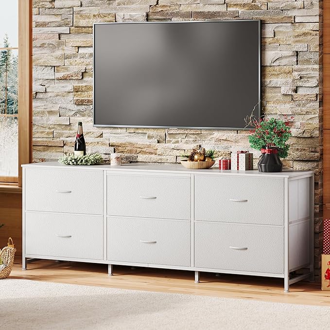 Huuger 63 Inch Long Dresser for Bedroom, Wide TV Stand for 55, 65, 70 Inch TV, 6 Drawer Dresser for Closet with Fabric Drawers, Storage Organizer for Bedroom, Entryway, PU Leather, White-NeatNest