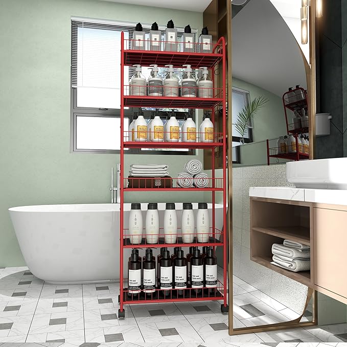 6-Tier Storage Cart Wire Slim Shelving Shelf with Wheels for Small Spaces, Rolling Tall Organizer Storage for Bathroom, Kitchen, Home, Garage, Bedroom, Closet (Red, 10“D)