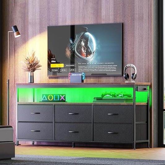 Huuger LED TV Stand for Bedroom, 55 Inch Fabric Dresser with Power Outlets, Entertainment Center for 60, 55 Inch TV, 6 Drawer Dresser for Bedroom, Chest of Drawers with Shlef, PU Leather, Rustic Brown-NeatNest