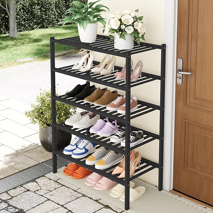 Smiry Shoe Rack, 5 Tier Thick Bamboo Shoe Organizer, Stackable Free Standing Wooden Shoe Storage Shelf for Closet, Entryway, Front Door Entrance, Black-NeatNest