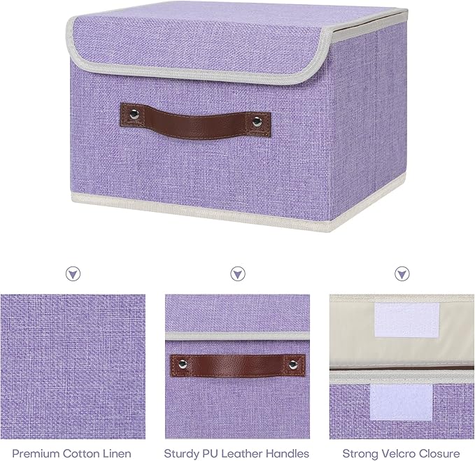 ANMINY 4PCS Storage Bins with Lid PU Leather Handles Storage Boxes PP Plastic Board Decorative Foldable Lidded Cotton Linen Fabric Home Cubes Baskets Closet Organizer Containers - Purple, Small Size-NeatNest