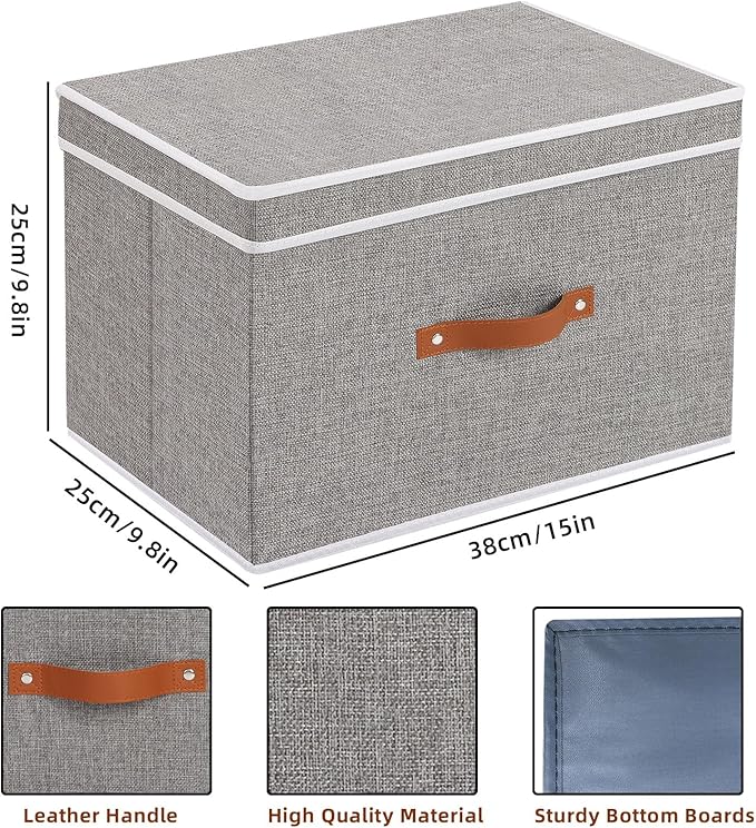 Collapsible Storage Bins with Lids, 3 Pack Linen Foldable Cloth Baskets, 15 x 9.8 x 9.8 Inch Closet Organizer Containers with Double Handles, Sweater Boxes for Bedroom, Grey-NeatNest