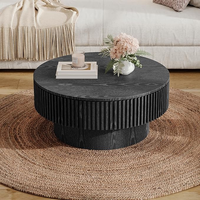 kevinplus 31.5'' Round Coffee Table with Storage Space, Modern Wood Circle Fluted Drum Pedestal Coffee Table for Living Room, Easy Assembly, Black (ø31.49'' x 14'')