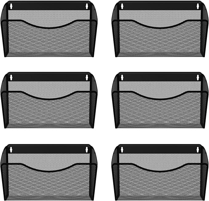 EasyPAG 6 Pack Wall File Holder, Single Mesh Hanging File Organizer for A4 Letter Size Paper, Wall Mount Paperwork Basket for Office, Home, School, Black