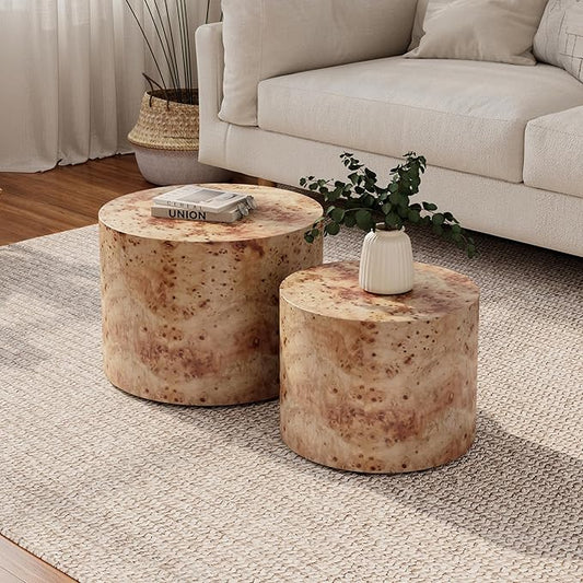 kevinplus Round Nesting Coffee Table, Farmhouse Small Coffee Table Modern Side Table End Table Set of 2 for Living Room Bedroom, No Assembly, Natural Burl