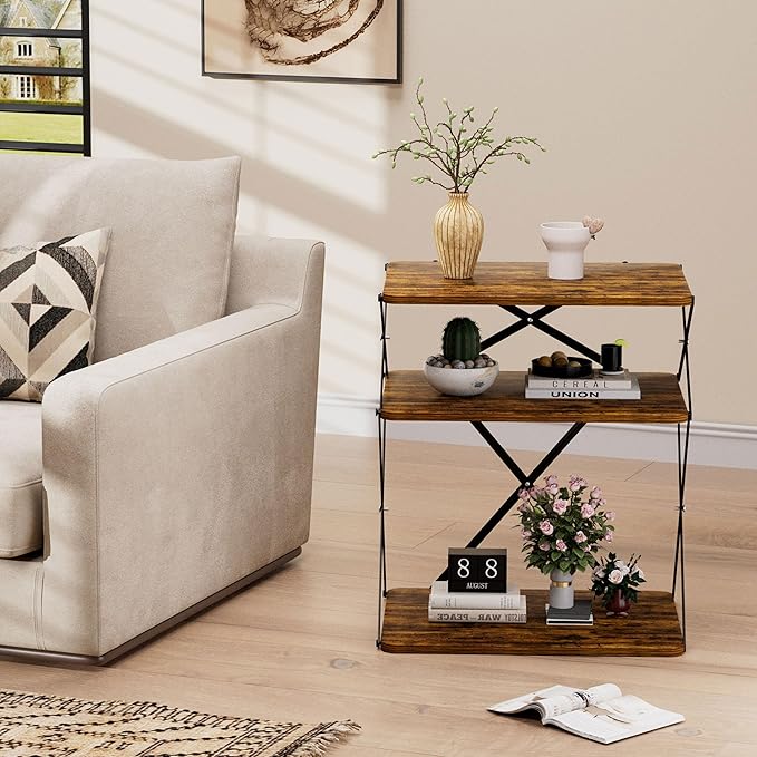 3-Tier End Table Set of 2 Small Side Table Tall Bedside Night Stand with Storage Sofa Side desks for Living Room Bedroom Office Bathroom Small Space Rustic Brown ET-04RB-2