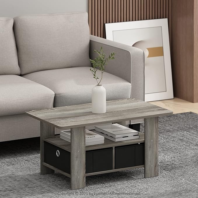 Furinno Andrey Coffee Table with Bin Drawer, French Oak Grey/Black-NeatNest