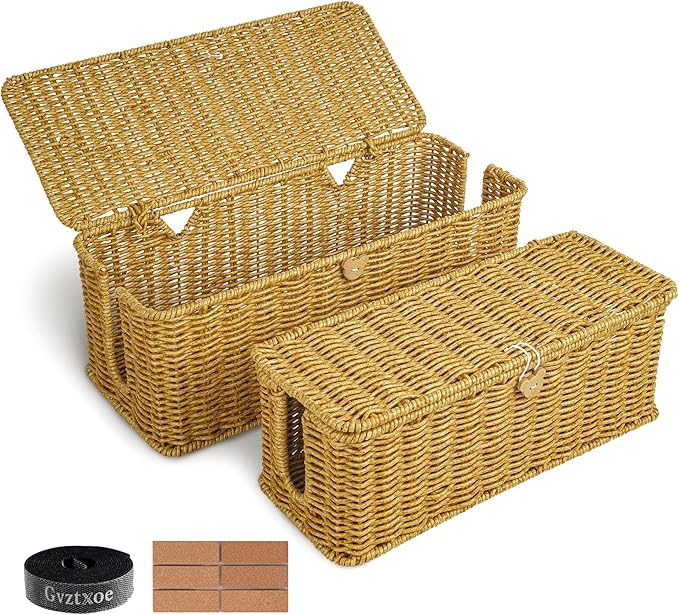 Cable Management Box, Upgrade 2PCS Large & Extra Large Cable Organizer Box, Handmade Rattan Floor Cord Covers with 4 Open Slots, Cord Box Hider for Power Strips, Wires Storage