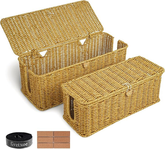 Cable Management Box, Upgrade 2PCS Large & Extra Large Cable Organizer Box, Handmade Rattan Floor Cord Covers with 4 Open Slots, Cord Box Hider for Power Strips, Wires Storage