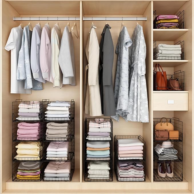 Stackable Closet Organizers and Storage Bins 4 Pack, Sturdy Metal Clothes Storage Container for Clothes Pants Sweaters, Black Folded Drawer Shelf Organizer for Closet Wardrobe