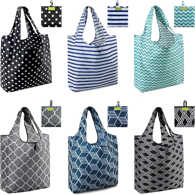 BeeGreen Grocery Bags | Reusable Gift Bags, Large Tote for Women & Foldable Beach Bag - 6 Pack Reusable Bag With Handles | Collapsible Cute Cloth Storage for Market, Holiday & Shopping | Washable-NeatNest