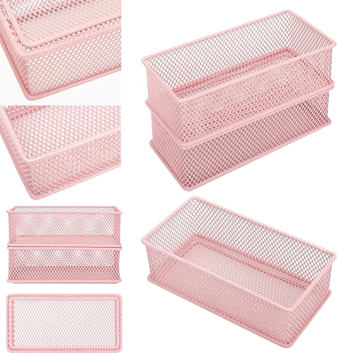 Annova Mesh Stackable Drawer Cabinet and Shelf Organizer Bins Storage Basket School Office Supply Holder Tray- Set of 2 (Light Pink, 3x6x2 Inch)-NeatNest