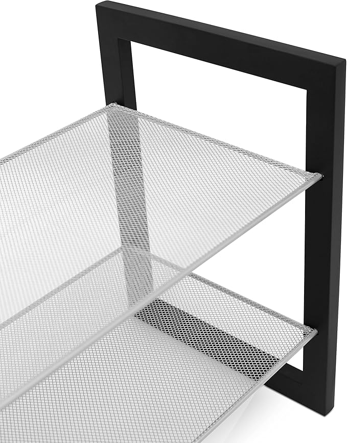 Internet's Best Mesh Shoe Rack - 2 Tier - Free Standing Metal Wood Shoe Organizer - Closet and Entryway - Fits 8 Pairs of Shoes - Black & Silver-NeatNest