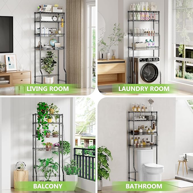 4-Tier Over The Toilet Storage, Bathroom Shelves with 6 Hooks, Metal Over Toilet Organizer with Adjustable Shelf and Basket, Freestanding Rack Space Saver for Bathroom, Laundry, Black