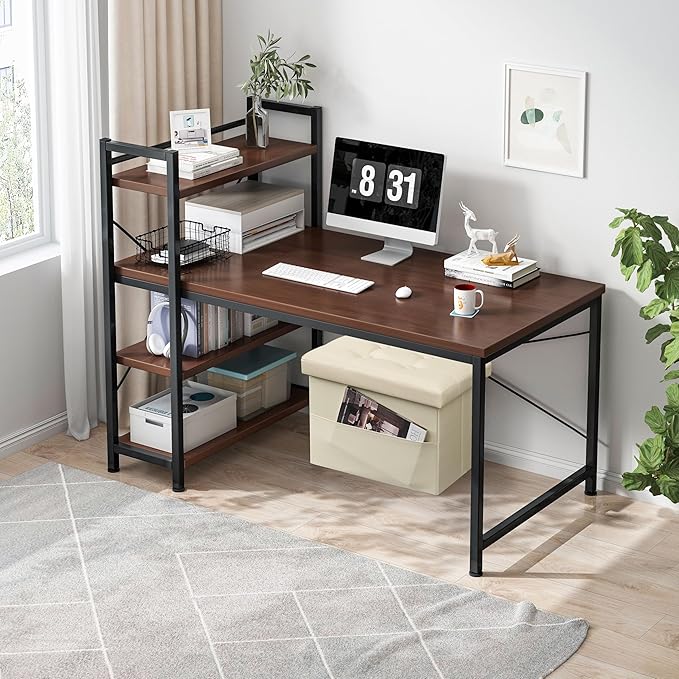 AmasSmile Storage Ottoman Folding Foot Rest Stool with Side Pocket, 16 inches Leather Footstool Bench, Short Ottoman Bench, Storage Foot Rest Store, Books, Beige-NeatNest