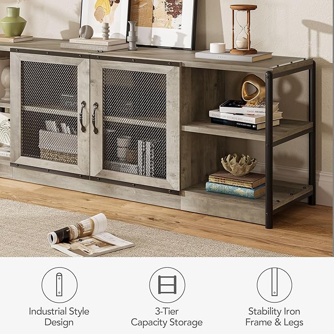 CABIHOME Farmhouse TV Stand for 75/80 inches TVs, Entertainment Center with Storage Cabinet and Mesh Doors, Industrial Media Console Cabinet Table, Living Room Media Furniture, Light Grey-NeatNest