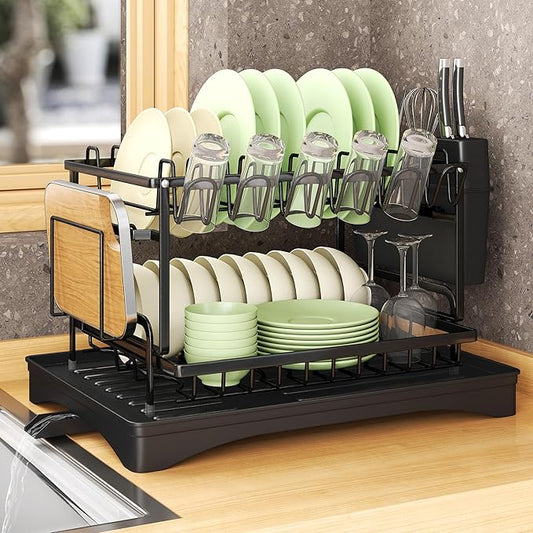 Dish Drying Rack - Carbon Steel Dish Rack for Kitchen Counter, 2-Tier Kitchen Organizers and Storage Rack with Drainboard and Cutlery Holder, Large