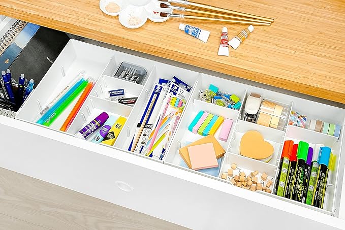 CAXXA 3 Slot Drawer Organizer with 4 Adjustable Dividers - Drawer Storage 7 Compartments Junk Drawer Organizer for Office Desk Supplies and Accessories, White-NeatNest