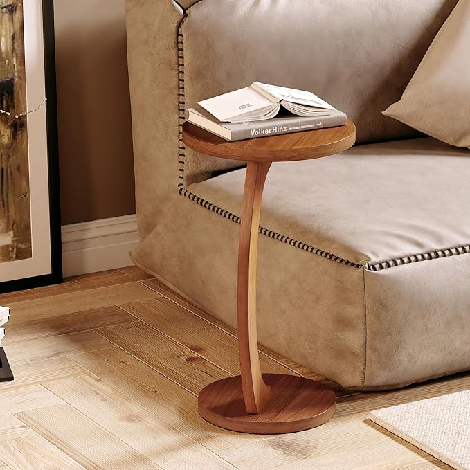 C Shaped Round End Table for Couch Small Place, Space Saver Side Table for Sofa, Living Room, Bedside Area, Coffee and Eating Snack Tray, Walnut Color-NeatNest