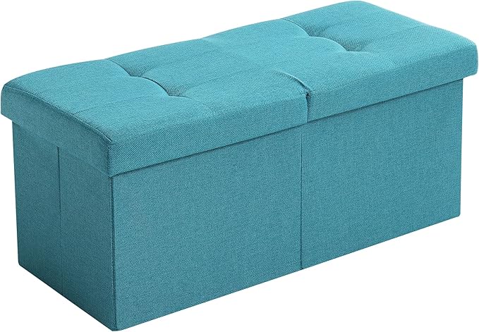CUYOCA Storage Ottoman Bench Foldable Seat Footrest Shoe Bench End of Bed Storage with Flipping Lid, 75L Storage Space, 30 inches Linen Fabric Teal Blue-NeatNest