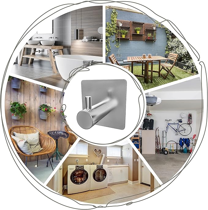 Brushed Nickel Self Adhesive Towel Hooks for Bathroom Wall Door Mounted - SUS304 Stainless Steel Strong Strips Stick on 3M Wall Hooks for Hanging Coat, Hat, Bag, Key, Jacket – 8 Pack-NeatNest