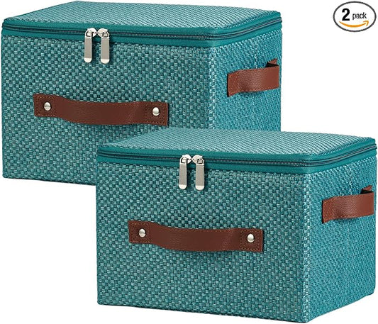 2PCS Storage Bins with Lid Fabric Storage Box Basket PU Leather Handle Textured Woven Cotton Linen Decorative Foldable Washable Shelf Closet Organizer Container (Zipper Lid, Blue, Small)-NeatNest