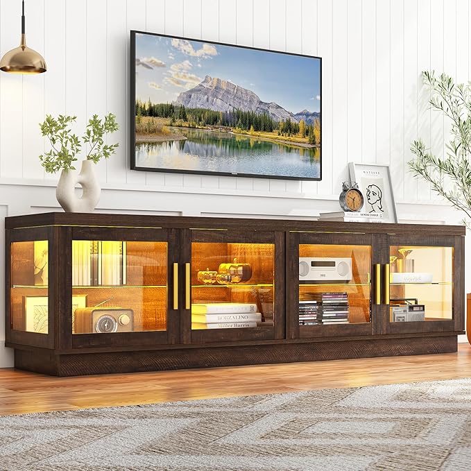 71IN LED TV Stand for 85/80/75inch TV,High Glossy Wooden Farmhouse TV Stands for Living Room,TV Gaming Entertainment Center with Storage Cabinet,RGB LED(Brown)-NeatNest
