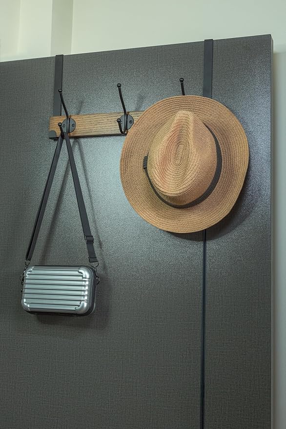 creathome Dual-Purpose Wooden Hanger with 3 Round Hooks Classic Color, Behind/Over The Door Towel Rack for Bathroom, Heavy Duty Wall Mounted Coat Rack, No Drilling