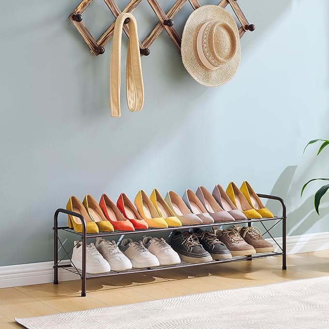 Hoctieon 2 Tier Shoe Rack for Closet, Durable Mesh Style Shoe Rack, Entryway Shoe Shelf, Shoe Storage Organizer for Hallway, Bedroom, Living Room, Wardrobe, Brown-NeatNest