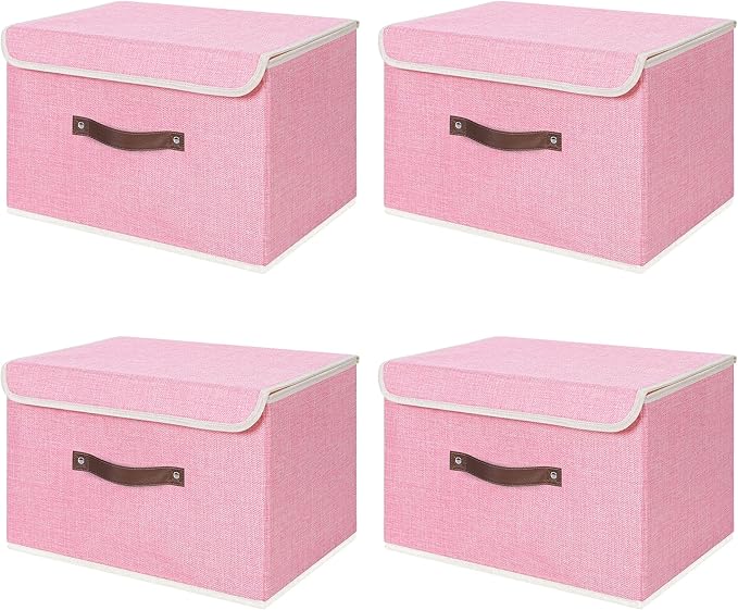 ANMINY 4PCS Storage Bins with Lid PU Leather Handles Storage Boxes PP Plastic Board Decorative Foldable Lidded Cotton Linen Fabric Home Cubes Baskets Closet Organizer Containers - Pink, Large Size-NeatNest