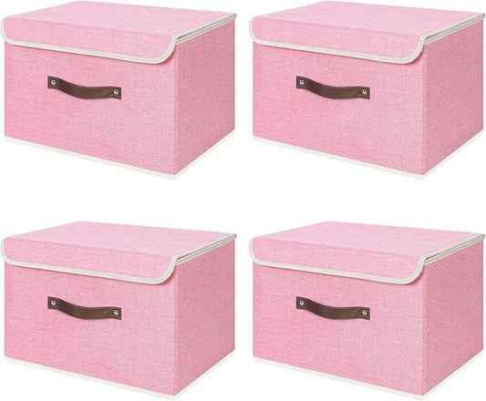 ANMINY 4PCS Storage Bins with Lid PU Leather Handles Storage Boxes PP Plastic Board Decorative Foldable Lidded Cotton Linen Fabric Home Cubes Baskets Closet Organizer Containers - Pink, Large Size-NeatNest