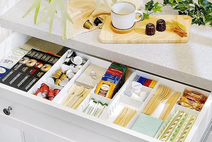 CAXXA 3 Slot Drawer Organizer with 4 Adjustable Dividers - Junk Drawer Storage for Makeup & Vanity, Office Desk Supplies and Accessories (WHITE, 1 PACK)-NeatNest