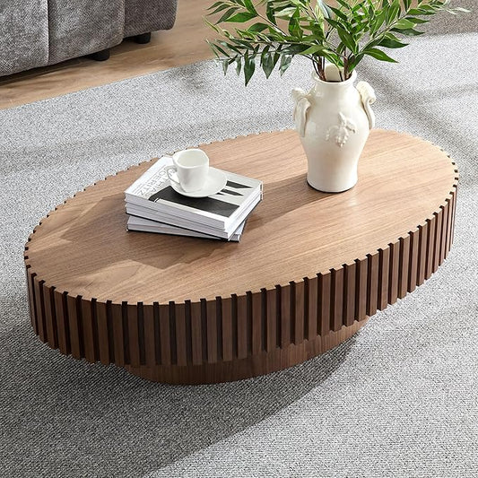 Kevinplus Walnut Oval Coffee Table - Modern Wood Coffee Table for Living Room, Contemporary Circle Fluted Drum Design, Easy Assembly (43.7'' x 24.8'' x 13.38'')