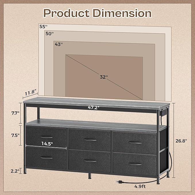 Huuger LED TV Stand for Bedroom, 47 Inch Dresser TV Stand for 43, 50, 55 Inch TV, Grey Black TV Stand with Storage, Entertainment Center with Power Outlets, 6 Drawer Fabric Dresser for Living Room-NeatNest