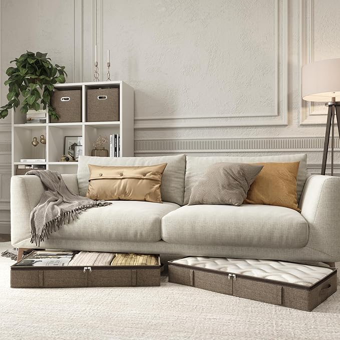 Brown Low Profile Under Bed Storage Containers 5 inches high, 33.8"x 17.7"x 5.1", Sturdy Underbed Shoe Storage Organizer, Foldable Fabric Under the Bed Storage Bins - Pack of 2-NeatNest