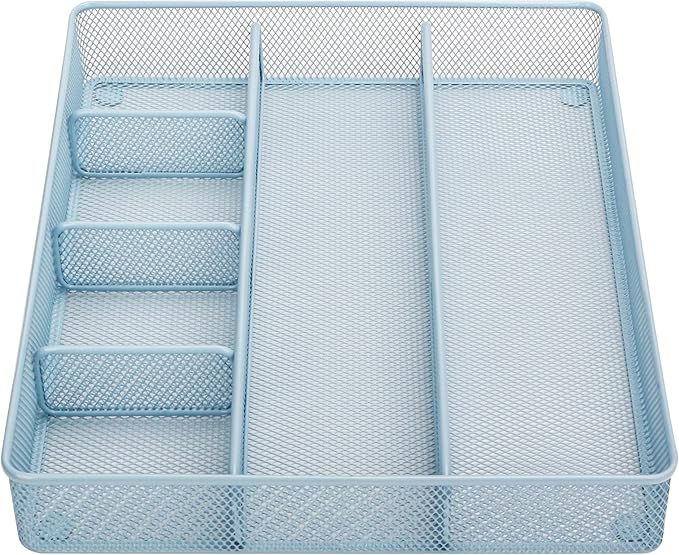 Annova Desk Top Organizer/Storage Tray - Metal Mesh with Dividers for Pens, Desktop Accessories, Bathroom, Kitchen, Makeup and Office Supplies (Large, Morandi Blue)-NeatNest
