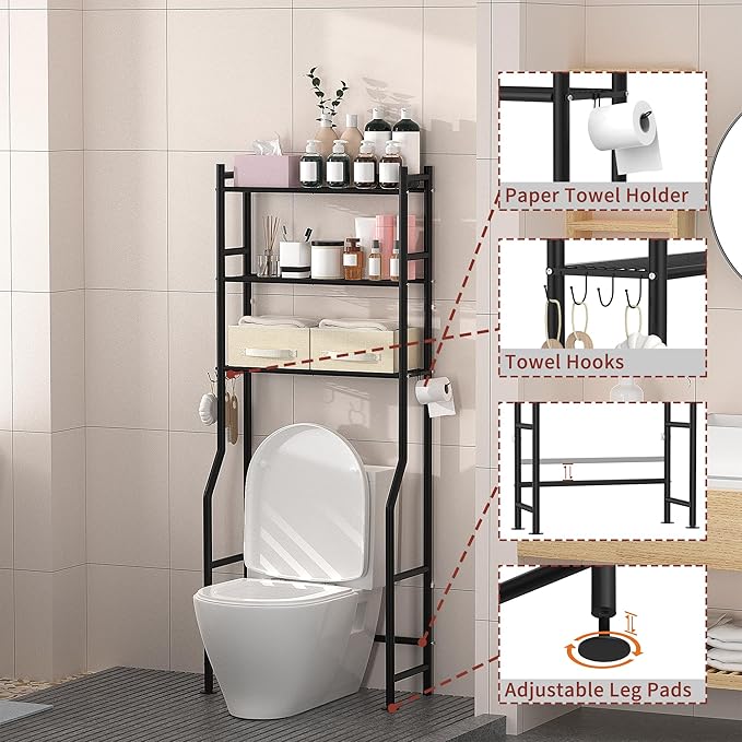 3 Tier Over The Toilet Storage Rack with 2 Basket, Metal Freestanding Bathroom Shelves Toilet with Paper Holder and 4 Hooks, Over Toilet Storage Shelf for Bathroom Storage, Black-NeatNest
