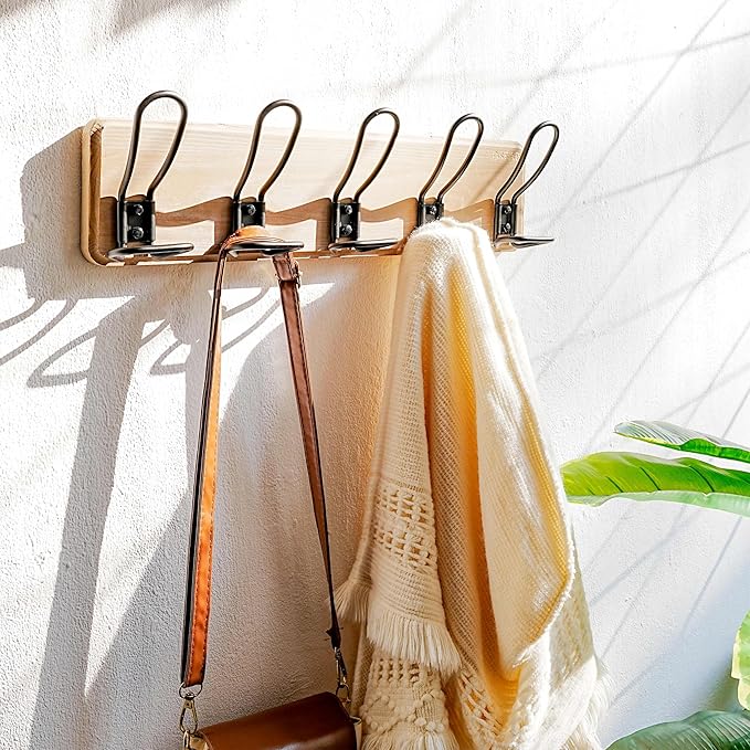 Dseap Coat Rack Wall Mounted - Heavy Duty Farmhouse Rustic Wall Coat Hanger With 5 Wire Hooks for Clothes Hat Jacket Towel, RusticWire, G25A, Weathered Brown & Black-NeatNest
